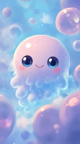 Cute pastel jellyfish character floats amid iridescent bubbles