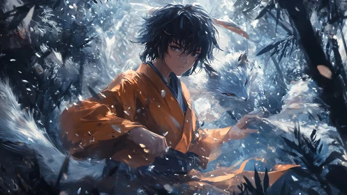 Mystic boy in orange robe stands with spectral fox guardian