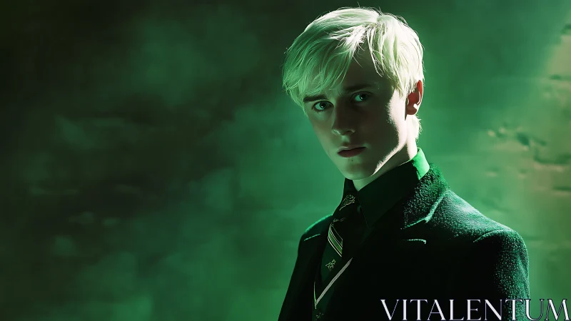 Cool-toned portrait of blond youth in green rim lighting and suit