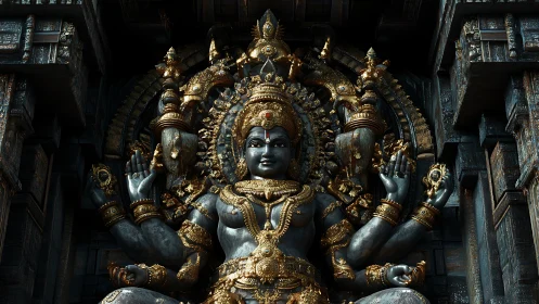 Intricate multi-armed deity sculpture with ornate gold adornment.