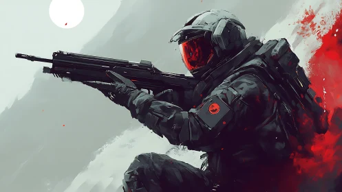 Tactical exosuit marksman in red-visored combat stance.