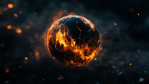 Ignited soccer ball with molten core on dark smoky field.