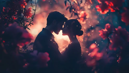 Silhouetted Couple Kissing Among Glowing Flowers at Dusk.