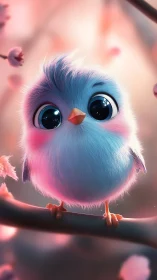 Fluffy blue songbird glowing softly in pink spring light.