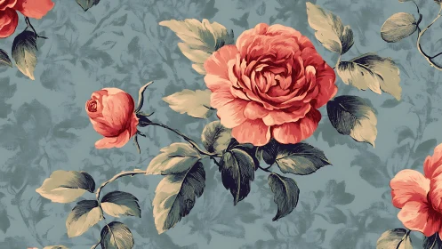 Vintage coral roses bloom over muted blue floral ground.
