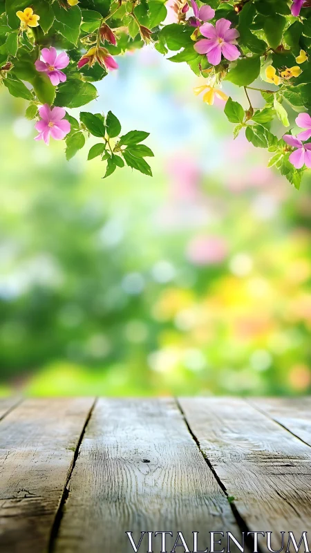 Wooden deck surface with flowering vines and blurred garden background.