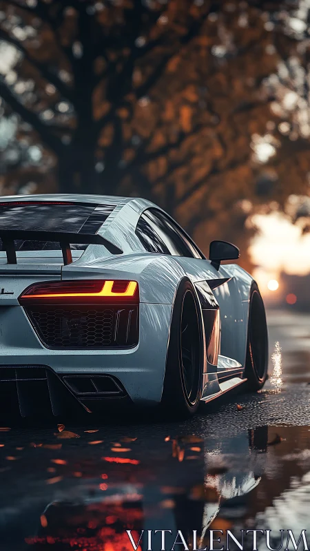 Wet street supercar rendered with cinematic depth of field