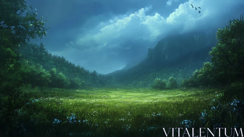 Luminous forest meadow opens beneath dramatic storm clouds.