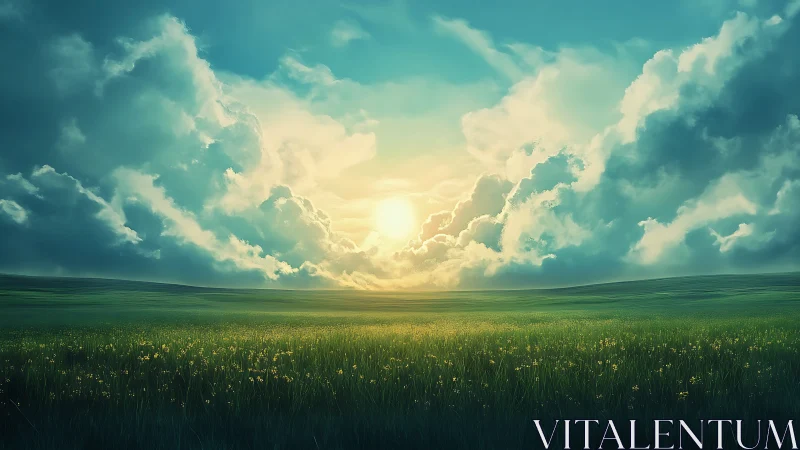 Radiant low-horizon sun across volumetric cloud meadow field.