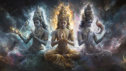Celestial trinity in meditative cosmic starlight harmony.