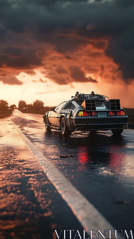 Retro time-machine car on wet highway under storm sky.