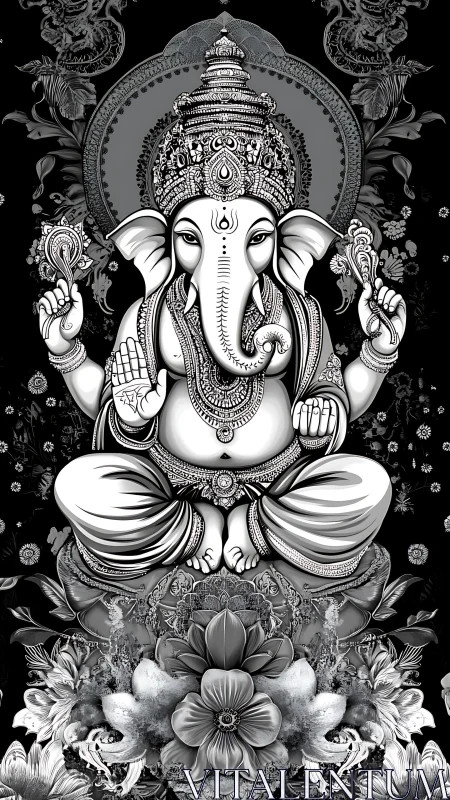 Ornate Ganesha sits in monochrome blooms and quiet radiance