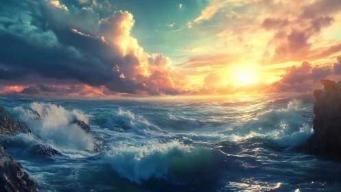 Radiant storm-lit seascape captures dynamic sunset turbulence