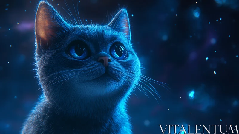 Luminous Cat Face Against Cosmic Blue Digital Backdrop