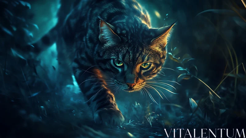 Moonlit stalker cat prowling through a neon-tinted forest path.