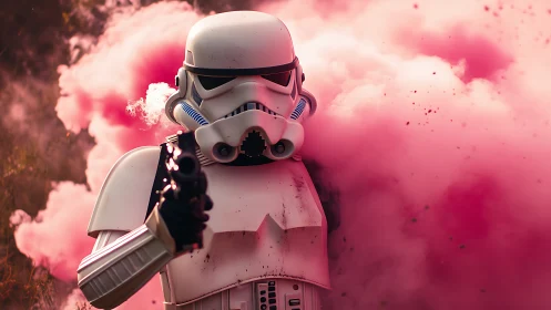 Stormtrooper stands in dense pink smoke cloud, blaster raised.