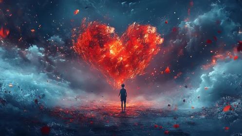 Solitary figure faces massive heart-shaped explosion in dramatic digital atmosphere.