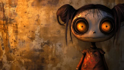 Wide-eyed doll girl haunts grunge wall in amber light.
