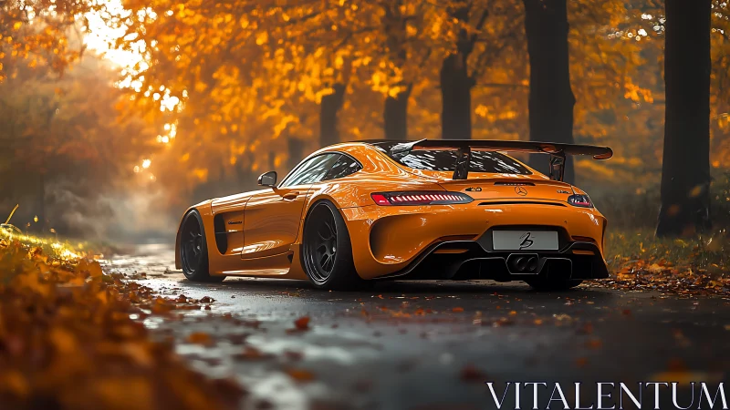 Golden sports car glows gently along a misty autumn road