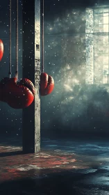 Red boxing gloves hanging in gritty empty gym corner.