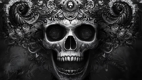 Baroque skull glows amid swirling monochrome ornamentation.