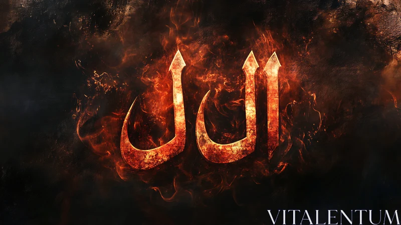 Molten Arabic calligraphy glows within swirling firestorm