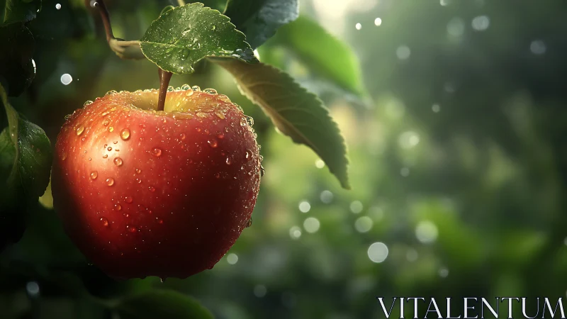 Sunlit red apple rendered in hyperreal orchard close-up study