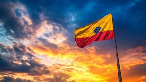 Radiant national flag waves proudly against glowing sunset sky