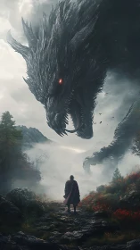 Lone cloaked hero confronts colossal dragon in misty valley.