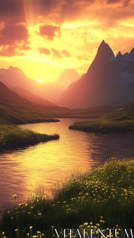 Golden river valley under dramatic sunset illumination.