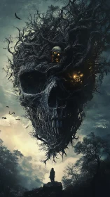 Giant skeletal tree formation above lone figure in forest.