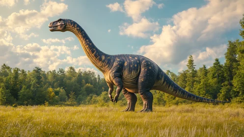 Sauropod dinosaur strides through sunlit grassy clearing.