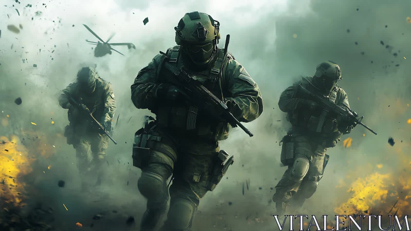 Tactical infantry unit advances through smoke and explosive debris