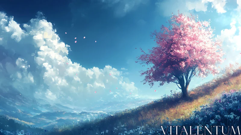 Blossoming cherry tree on sunlit hillside under vast sky.