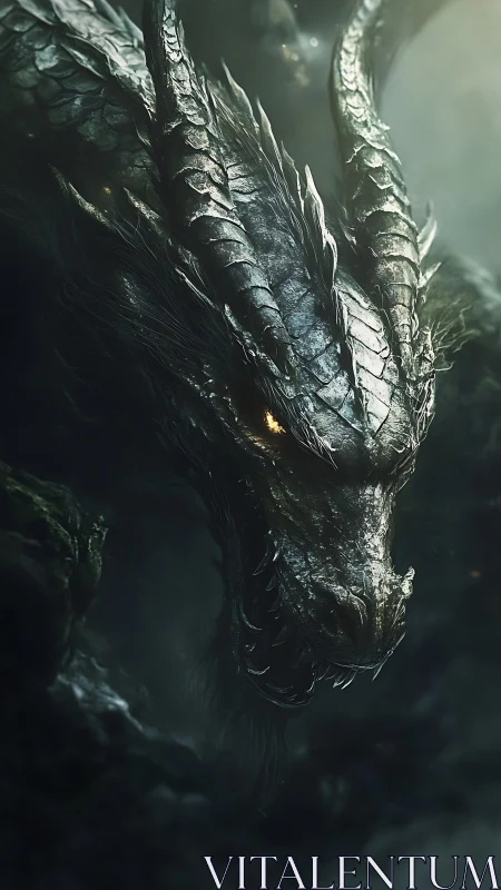 Dark scaled dragon head with horns in misted low light.
