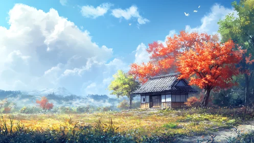 Small rural house under vivid red autumn trees in field