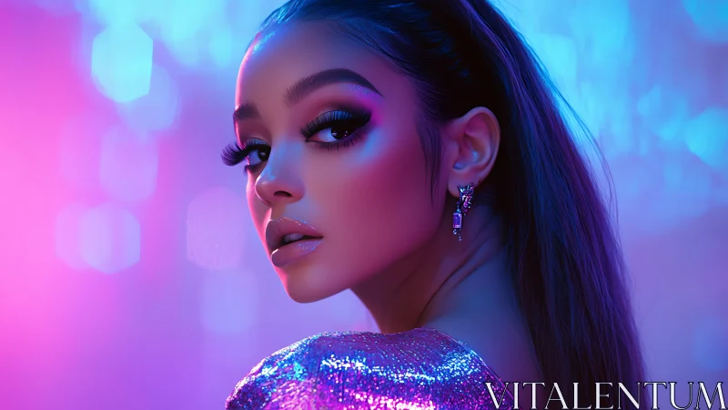 Neon-drenched glam muse in iridescent nightlife glow.