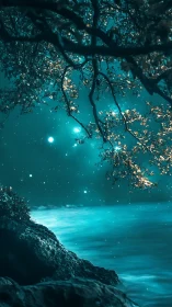 Moonlit cyan shoreline under starry branches at night.