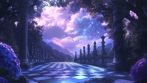 Enchanted moonlit chess terrace opens to a starry dream sky