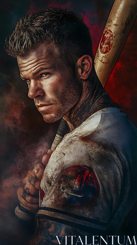 Grit-textured baseball warrior rendered in dramatic chiaroscuro.