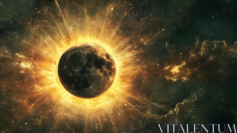 Lunar silhouette against stellar corona in deep space burst