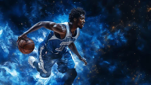 Basketball player in blue uniform amid abstract blue field.