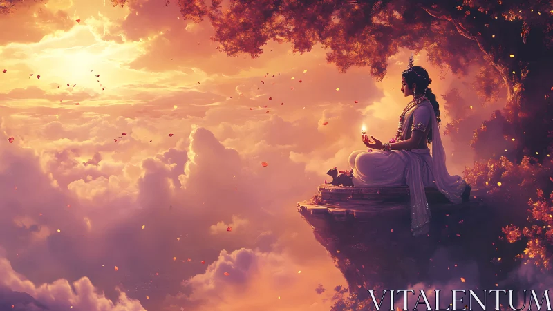 Sunlit cliff meditation above glowing cloud horizons.