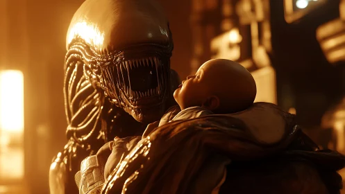 Gentle glow between alien guardian and resting newborn.