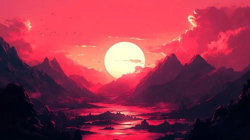 Crimson alien valley surrounds blinding white sun at horizon