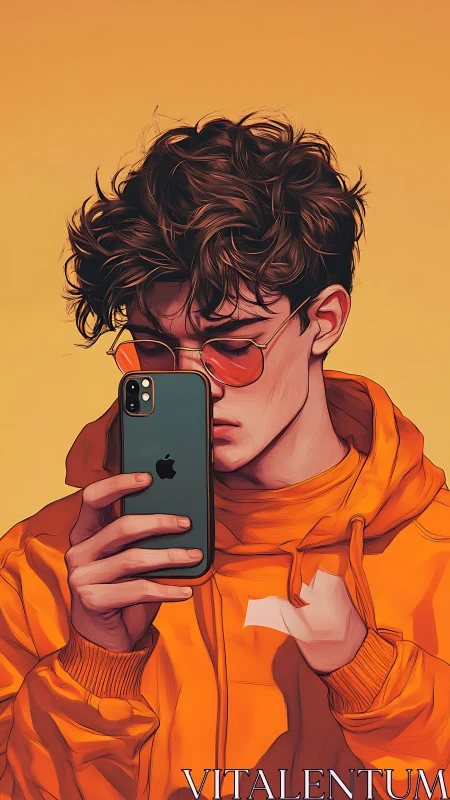 Youthful portrait in orange hoodie with smartphone focus.