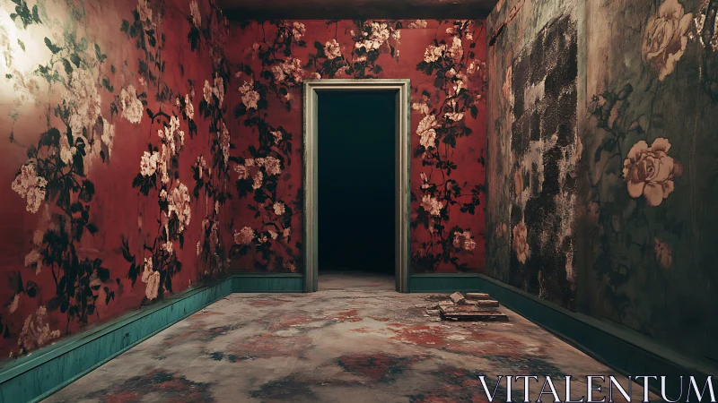 Decayed floral corridor in derelict interior with central doorway