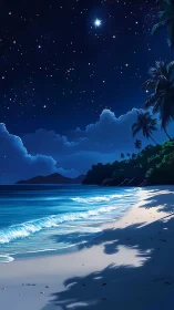 Starlit tropical shoreline glows under a serene midnight sky