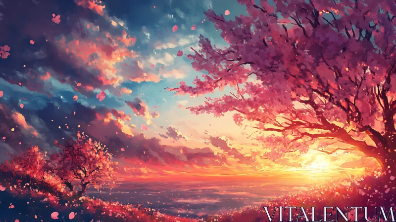 Sakura coastline at sunset with luminous volumetric cloudscape