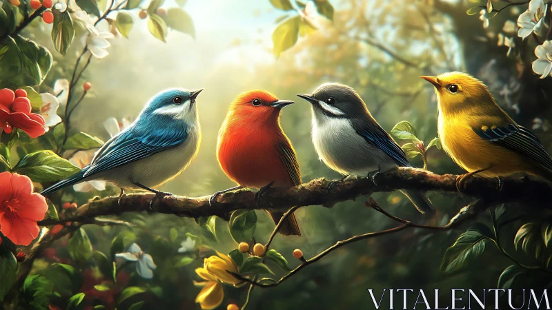Four Colorful Birds on a Branch in Lush Garden, Realistic Art Style.